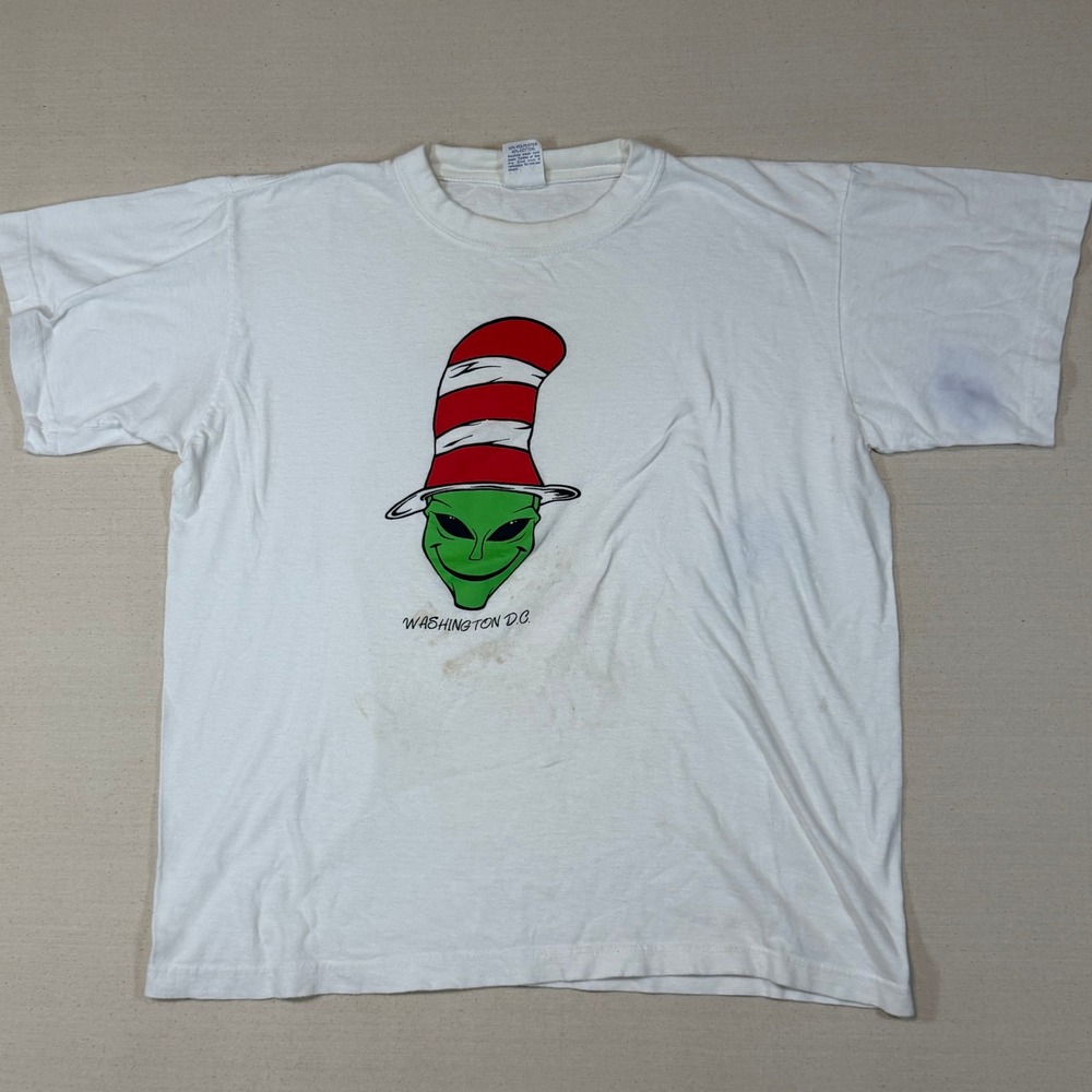 Vintage WA Washington DC Alien Cat in Hat Shirt Boxy Large Single Stitch 90s